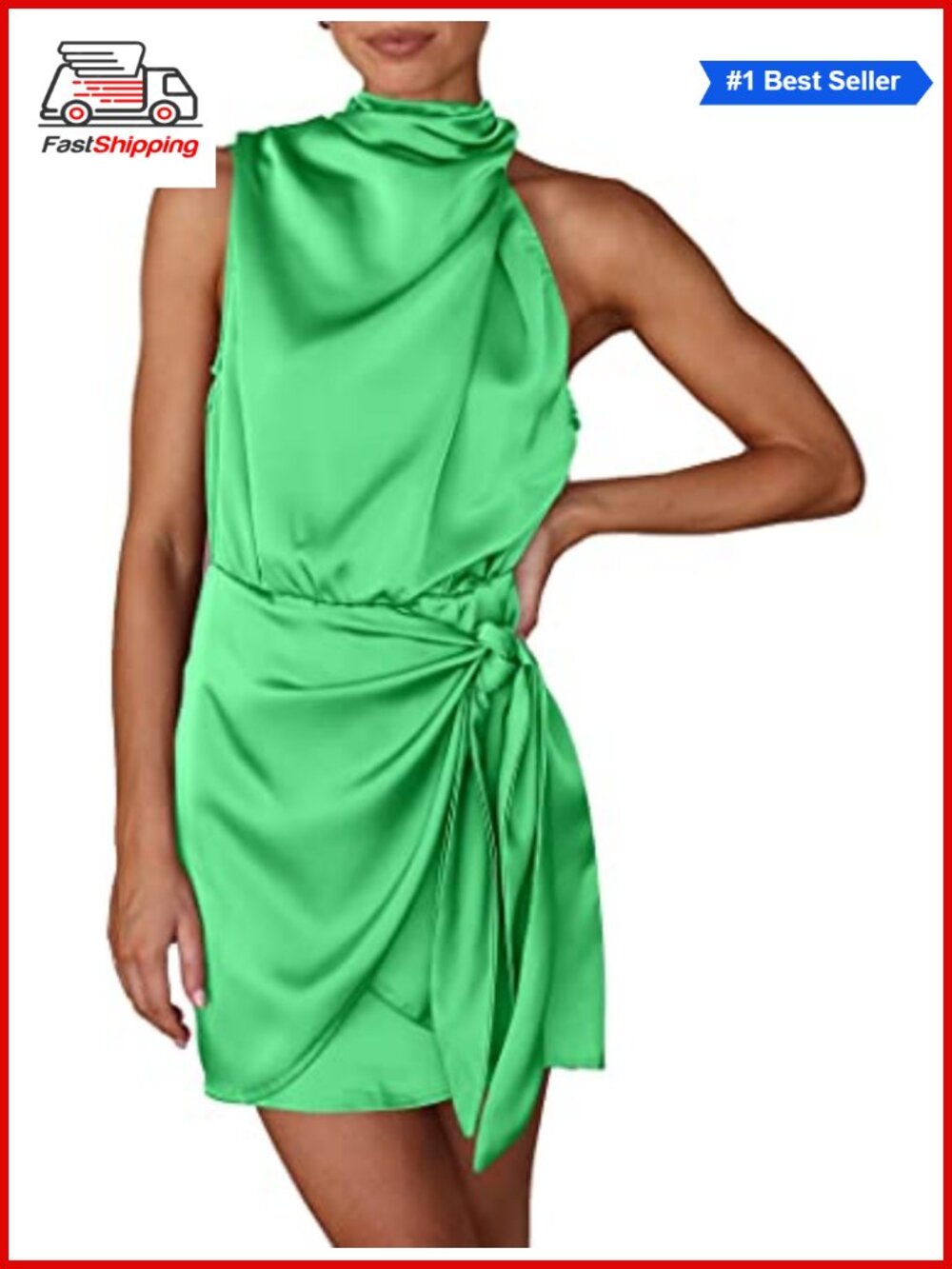 ✨ MIDI Satin Mock Neck Sleeveless Tie Waist Short Formal Cocktail Dress